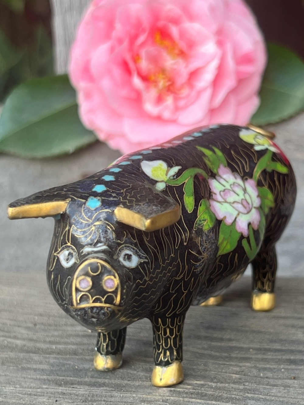 Vintage Cloisonné Black Pig Hog Figurine Enamel Brass 5”